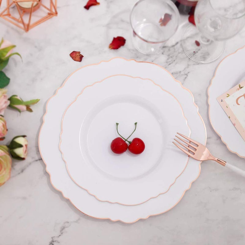 WDF 60pcs Rose Gold Plastic Plates-Baroque White &Rose Gold Disposable Plates including 30Plastic Dinner Plates 10.25inch, 30 Salad Plates 7.5inch for Wedding, Parties, Valentines Day - Image 3